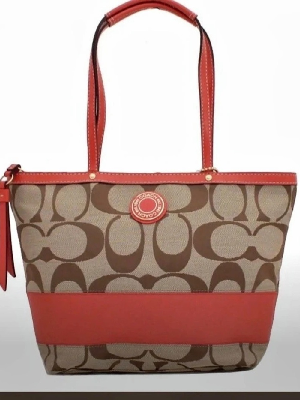 Coach Signature Stripe Tote F19046 Red & Brown